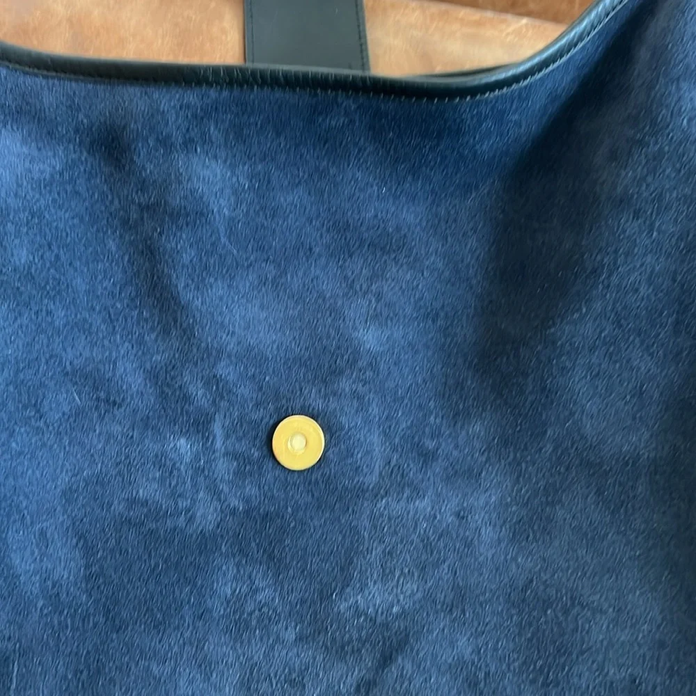 J. Crew Navy Suede Shoulder Bag with Black Strap and Gold Accent